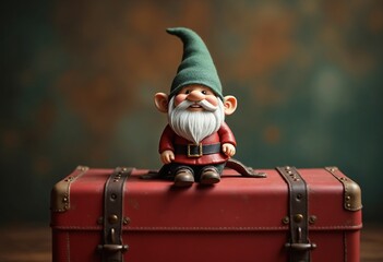 a cute gnome figurine perched on a vintage red suitcase
