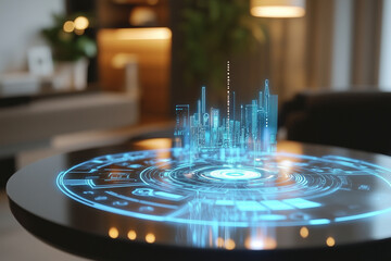 Aufkleber -  table with a blue circle on it that has a city in the middle. The city is made of lights and is floating above the table