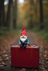 a cute gnome figurine perched on a vintage red suitcase