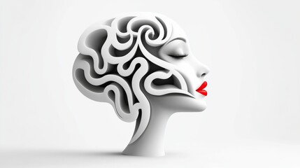 Wall Mural - woman's face is drawn in a very abstract way, with a red lip and a very large brain. the brain is ma