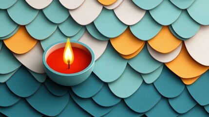 Poster - Candle is lit in a bowl on a blue and yellow background. The candle is surrounded by paper shapes, creating a whimsical and playful atmosphere
