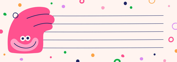 Poster - Funny notepad page design with cute happy face. Blank paper background with empty lines and playful whimsical comic character. Wide horizontal notebook, journal template. Flat vector illustration