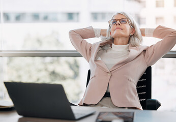 Poster - Mature woman, relief and happy in office with laptop, reflection and done with project at company. Person, relax and thinking with smile, inspiration and insight with computer at insurance agency