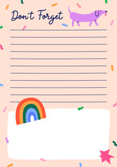 Poster - Notebook page design with funny colorful doodle elements. Comic-style notepad paper, vertical background with cute dog, rainbow. Diary, memo note planner with blank lines. Flat vector illustration
