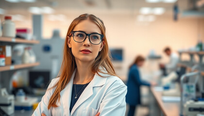 Wall Mural - A young Woman in White Coat and Glasses Standing in Medical Science Laboratory Team of Specialists in the Background. 