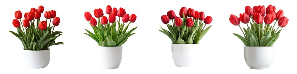 Wall Mural - Beautiful Red Tulip Bouquet with Fresh Green Leaves in Modern White Ceramic Planter Isolated on Transparent Background