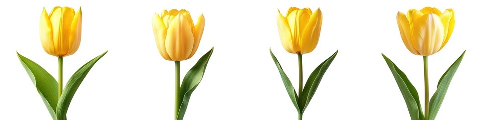 Wall Mural - Beautiful Fresh Yellow Tulip Flowers With Bright Green Stem And Leaves Isolated on Transparent Background
