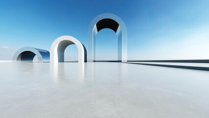 Wall Mural - 3d render of white arch futuristic architecture, abstract wavy structure with empty concrete floor