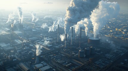 Poster - Nuclear energy engineer in biosafety containment chamber industrial cooling towers aerial view pollution management concept