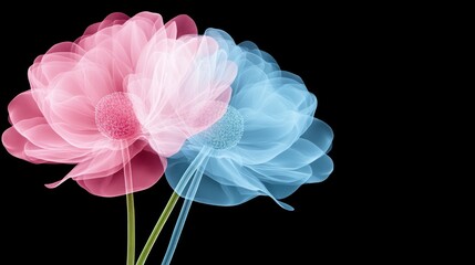 Poster - Explore the beauty of delicate pink and blue flowers against a dark background