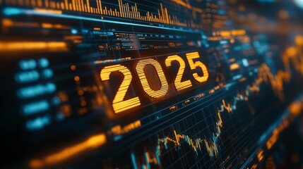 Poster - Futuristic Digital 2025 Visualization Highlighting Technology, Innovation, Financial Trends, and Progress in a Modern Virtual Landscape, Generative AI