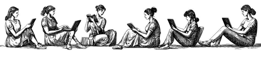 Poster - An Internet remote library concept showing readers studying and reading electronic books in a digital bookstore, a phone app, or a web service. A set of flat graphic modern illustrations isolated on