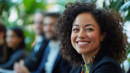 Poster - A woman with curly hair is smiling and looking at the camera