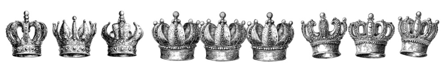 Poster - Collection of spray painted graffiti crown signs with drip symbols on white background.