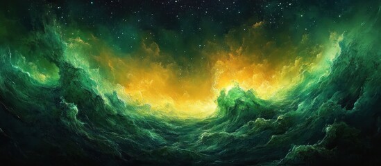 Wall Mural - Abstract space scene with green and yellow nebulae.