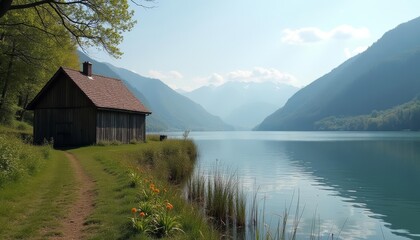 Sticker -  Tranquil lakeside cabin nestled in natures embrace