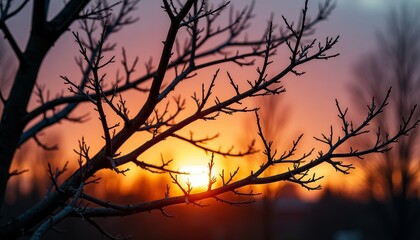 Poster -  Golden glow of sunset through bare branches