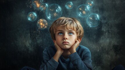 Poster - Dreaming Child Gazing at Starry Night Sky Filled with Glowing Galaxies, Evoking Imagination, Curiosity, and Cosmic Wonder, Generative AI