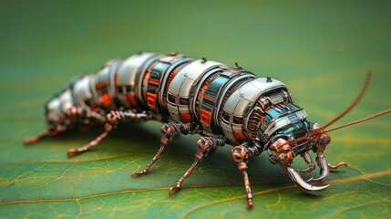 Poster - Explore the intricate design of a robotic caterpillar on a leaf