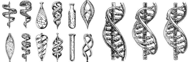 Poster - Molecular sequence code for pharmacy and healthcare. Abstract biotechnology and molecular biology symbols.