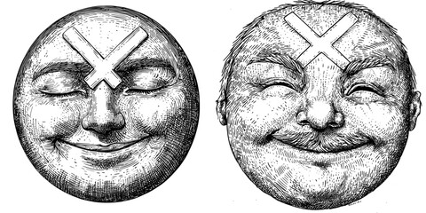 Poster - Laughing face emoji. Black and white graffiti smile face isolated on white background.