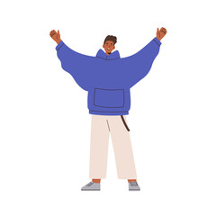 Poster - Happy man with arms raised up. Cheerful young character smiling, standing in open welcoming pose, hands spread. Excited positive friendly guy. Flat vector illustration isolated on white background