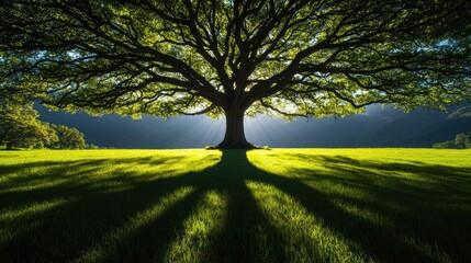 Fototapete - Majestic tree casting long shadows on lush green grass under bright sunlight.