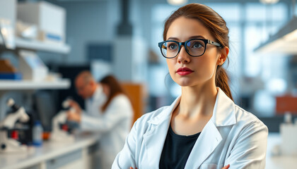 Wall Mural - A young Woman in White Coat and Glasses Standing in Medical Science Laboratory Team of Specialists in the Background. 