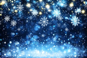 Poster - Magical Winter Wonderland with Snowflakes Sparkling Against a Deep Blue Background, Creating an Enchanting Atmosphere for Holiday and Seasonal Themes