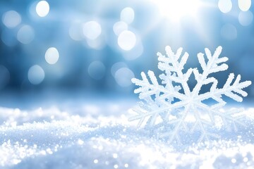 Poster - Beautiful Snowflake on Sparkling Snow with Soft Blue Background and Bokeh Effects Creating a Serene Winter Atmosphere and Holiday Spirit
