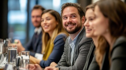 Poster - A group of people are sitting at a table, smiling and laughing