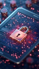 Poster - A digital lock symbolizing cybersecurity on a smartphone screen surrounded by circuit patterns.