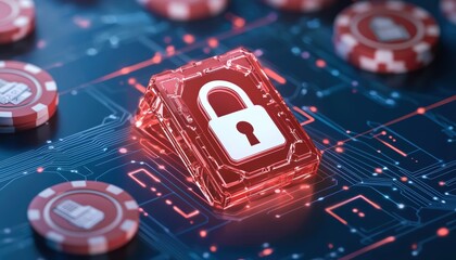 Poster - A digital security lock sits atop a circuit board, symbolizing data protection and cybersecurity in modern technology.