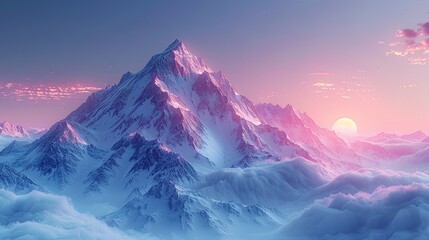 Wall Mural - Mountain views at dawn, with soft blues and lavender, misty valleys and a peaceful and calming atmosphere.