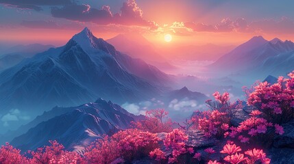 Wall Mural - Mountain views at dawn, with soft blues and lavender, misty valleys and a peaceful and calming atmosphere.