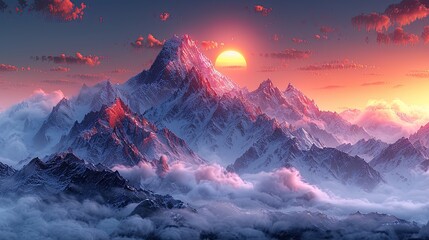 Wall Mural - Mountain views at dawn, with soft blues and lavender, misty valleys and a peaceful and calming atmosphere.