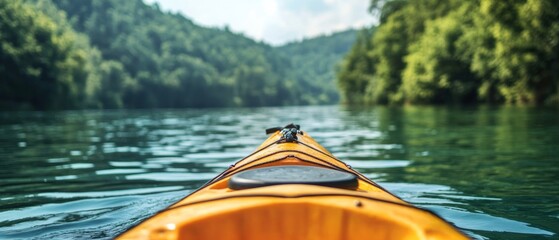 Poster - Enjoy a tranquil moment while kayaking on calm waters, navigating through vibrant greenery under a bright, sunny sky