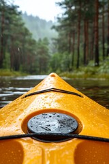 Poster - Raindrops fall gently on a yellow kayak as it drifts quietly through calm waters, with dense trees rising on both sides, creating a serene, immersive experience