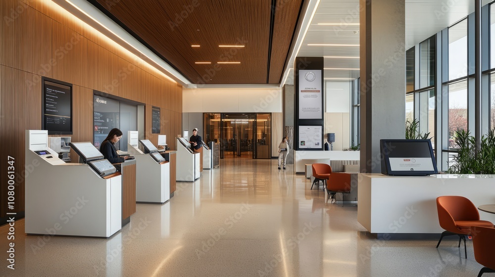 A modern bank branch interior with sleek design, digital kiosks, and a ...
