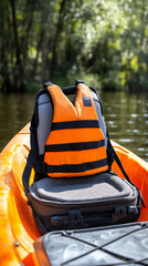 Poster - The bright orange life jacket sits on a kayak cushion with tranquil waters and vibrant greenery in the background, showcasing a perfect outdoor adventure spot