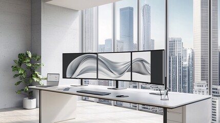 Poster - Portfolio showcase mockup template with multiple digital screens showing creative layouts on a modern desk setup