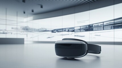 Poster - interactive digital mockup template with a virtual reality headset placed on a table, with screens d