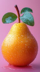 Wall Mural - A vibrant pear with droplets on a pink background.