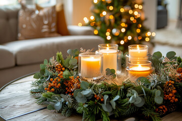 A large Christmas wreath made of fresh pine, eucalyptus, and berries, encircling a set of three scented candles in glass jars placed at its center. Generative AI tools