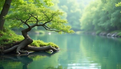 tranquil waterscape with a twisted tree by a river