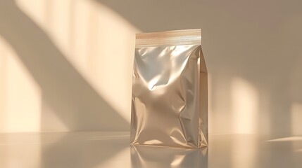 Wall Mural - A single silver stand-up pouch bag mockup on a white surface with warm light shining from the window.