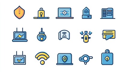 Poster - Detailed Collection of Security and Technology Icons Representing Cybersecurity, Data Protection, Wireless Communication, and Digital Connectivity in Modern Design