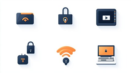 Poster - Modern Digital Icons Representing Data Security, Online Connectivity, Media Playback, and Information Access for Technology and Communication Topics