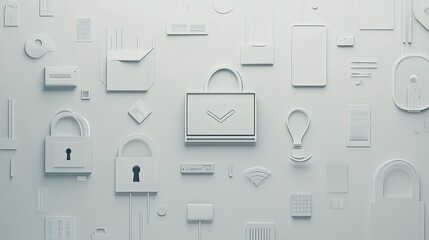 Poster - Abstract Concept of Digital Security Featuring a Variety of Lock Icons and Related Elements on a Minimalist Gray Background for Technology and Safety Themes