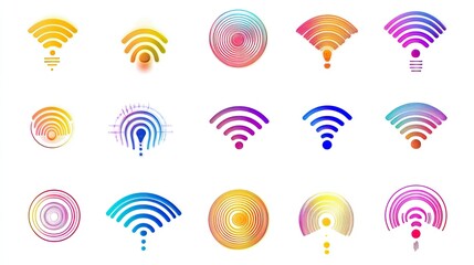 Poster - Collection of Vibrant Wireless Signal Icons Representing Connectivity, Communication, and Technology in Various Artistic Styles and Color Gradients